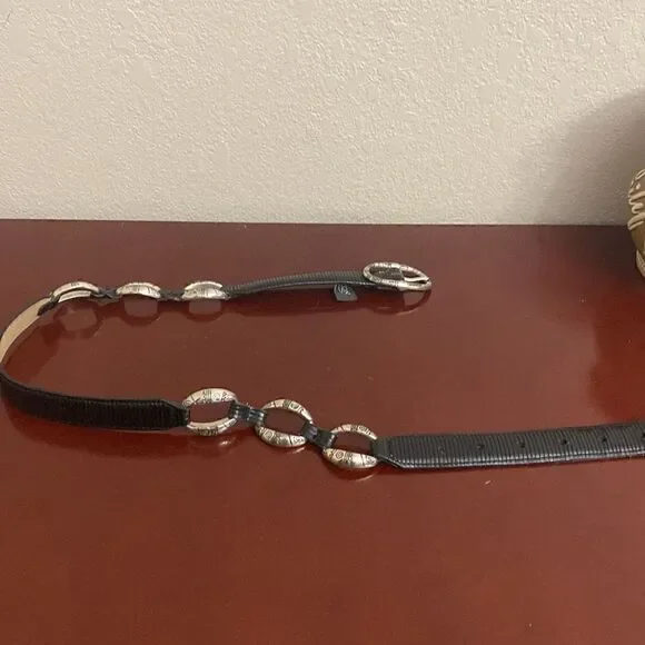 "Brighton" Black Leather Belt with Embossed Silver-Tone Metal Accents (Size S 28 - Picture 2 of 5